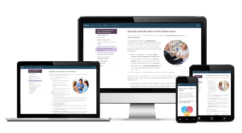 Image of 4 screens, desktop monitor, laptop, tablet, and phone, showing screenshots of the course.